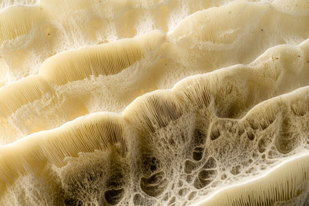 Macro shot of mushroom gills, layered, creamy white structures beneath a mushroom cap.の素材