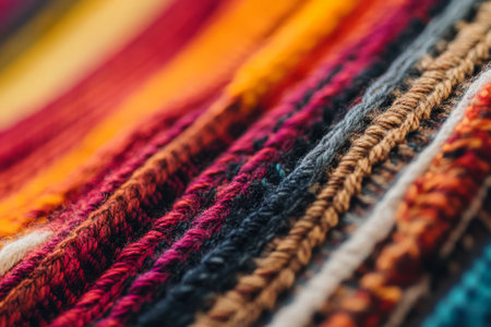 Macro shot of Peruvian woven shawl, displaying bold colors and intricate patterns made from natural wool fibers.の素材