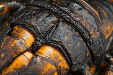 Macro shot of scorpion exoskeleton texture, rough, segmented surface with deep black and amber hues.の素材