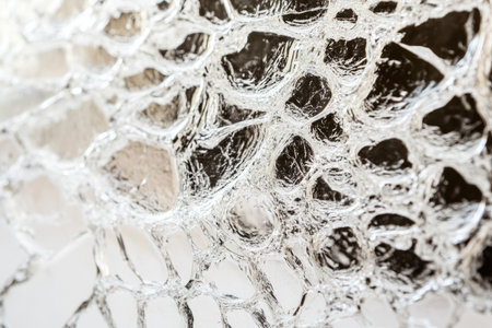 Macro shot of shattered glass texture, intricate web of cracks forming complex geometric patterns.の素材