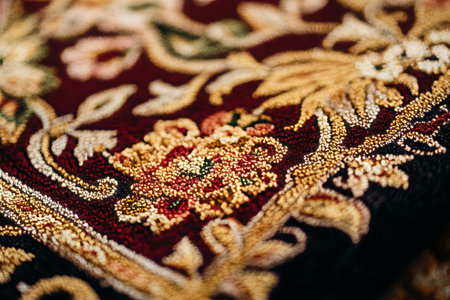 Macro shot of Turkish carpet texture, complex floral patterns in rich reds and golds.の素材