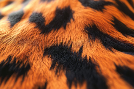Macro shot of tiger fur texture, rich orange tones with bold black stripes forming a striking pattern.の素材
