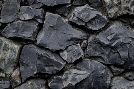 Seamless black slate rock, smooth yet rugged, with natural cracks and texture that evokes a sense of aged stone with deep character.の素材