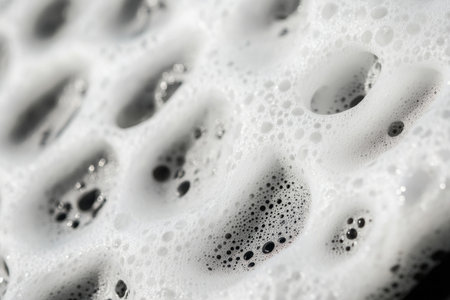 Macro shot of white foam on ocean waves, soft and airy bubbles creating texture.の素材