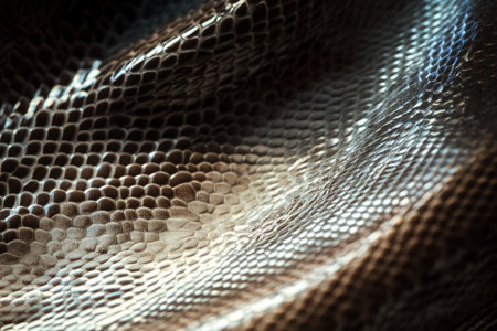 Macro shot of scaly snake skin, smooth and reflective with subtle shimmer, highlighting the reptilian texture and pattern.の素材