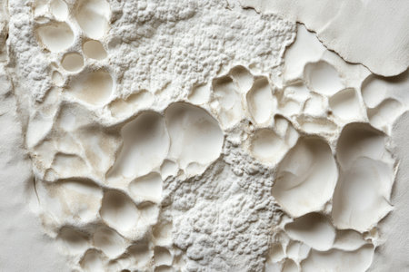 Macro shot of textured plaster wall, rough white surface with organic cracks and bumps.の素材