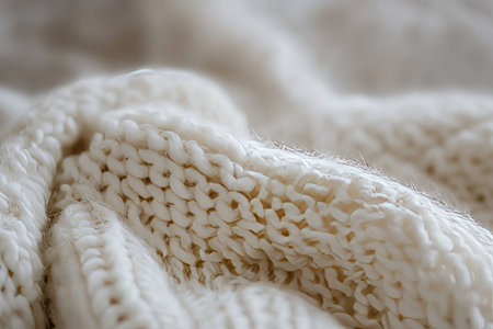 Macro shot of soft white wool sweater, delicate and fluffy, showing the fine interwoven fibers and tactile feel of the material.の素材