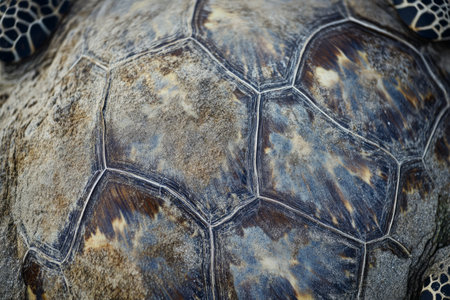 Macro shot of sea turtle shell texture, smooth yet bumpy with intricate, natural patterns and earthy tones.の素材