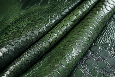 Reptilian snake skin texture, glossy and detailed, with intricate overlapping scales in rich emerald and dark forest green hues.の素材