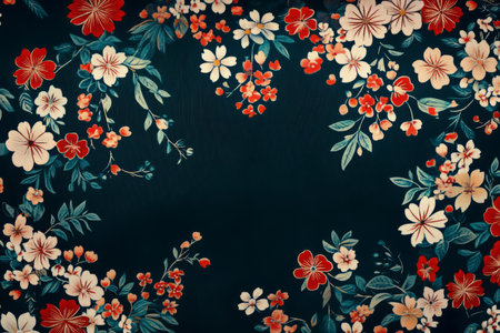 Ornate Japanese kimono fabric texture, traditional floral motifs in silk with fine embroidery.の素材