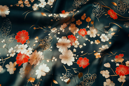 Seamless Japanese silk kimono fabric, intricately patterned with delicate flowers and bold metallic threads, perfect for a cultural textile design.の素材