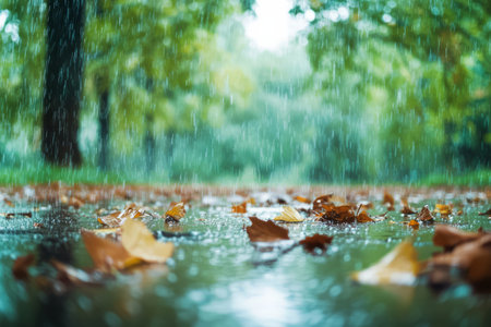 Seamless rain-soaked forest floor with wet leaves, capturing the freshness and moisture of nature after a rainstorm.の素材