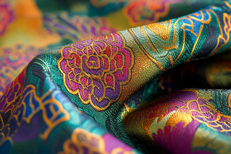 Seamless Vietnamese handwoven fabric, intricately patterned with vibrant colors and geometric motifs, perfect for showing cultural artistry.の素材