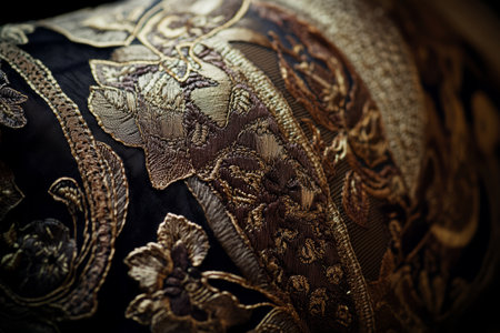 Textured antique gold embroidery, intricate patterns stitched into luxurious fabric.の素材