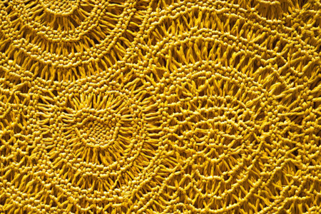 Seamless sunshine yellow woven straw texture, intricate handcrafted patterns with natural shadows.の素材
