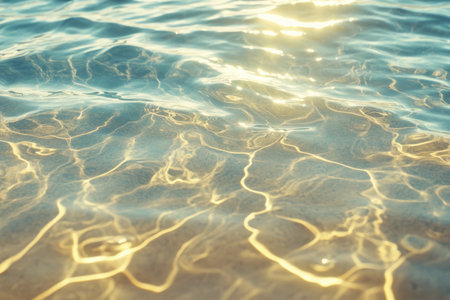 Smooth, rippled ocean sand texture, golden grains forming soft waves in the sunlight.の素材