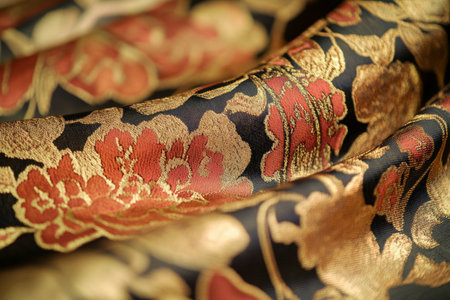 Southeast Asian silk fabric, golden threads intricately woven into luxurious, shimmering material with traditional motifs.の素材