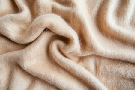 Soft, plush alpaca wool blanket texture, warm beige and light brown fibers forming a dense, fuzzy surface.の素材