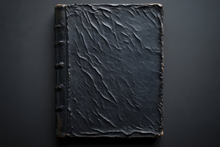 Textured black leather book cover, aged and worn, showing natural creases and indentations that add character.の素材
