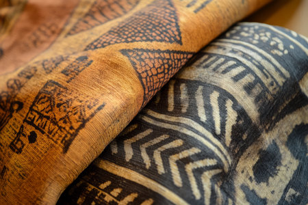 Textured African mud cloth, hand-dyed with symbolic patterns and earthy tones, offering a rich cultural aesthetic.の素材