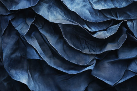 Textured hand-dyed Shibori fabric, deep blue indigo patterns formed by intricate folding and dyeing techniques.の素材