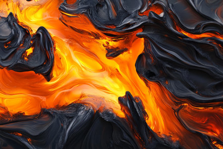 Textured fire and ember surface, deep orange flames dancing over glowing charcoal.の素材