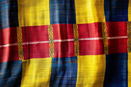 Textured Ghanaian kente cloth with bold yellow, red, and blue stripes, showing authentic African weaving traditions.の素材