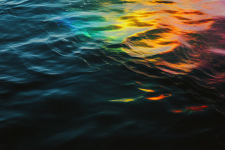 Textured oil slick on water, iridescent rainbow hues swirling across a dark liquid surface.の素材