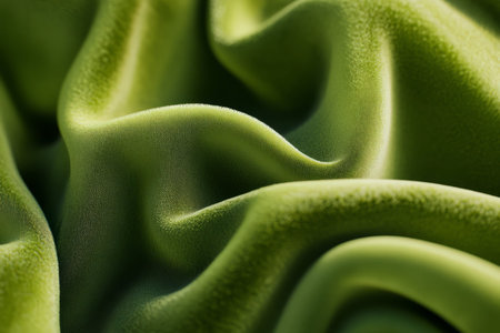Textured green velvet fabric with deep folds, rich luxurious material with soft highlights.の素材