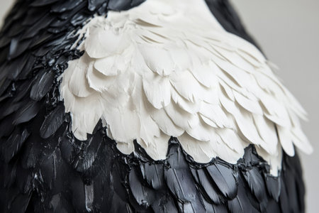 Textured penguin feathers, soft white chest plumage contrasting with sleek, waterproof black feathers on the back.の素材