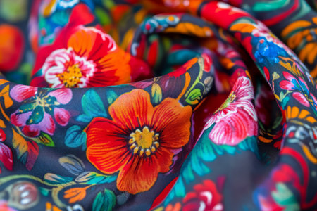Textured Russian Babushka scarf, vibrant floral patterns on soft, warm fabric.の素材