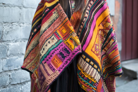 Textured Peruvian handwoven wool poncho, colorful Andean geometric patterns in thick, warm fabric.の素材