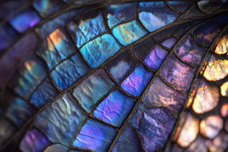 Ultra-detailed butterfly wing texture, intricate mosaic-like scales in iridescent blues and purples.の素材