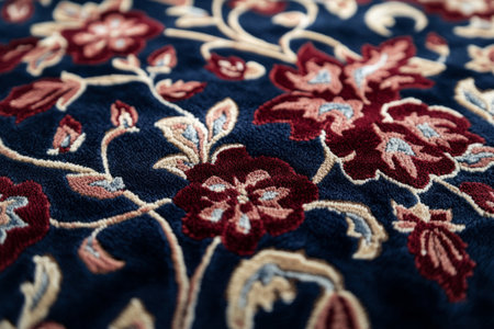 Ultra-detailed handmade Persian rug, intricate floral motifs in deep reds and blues, tightly knotted wool.の素材