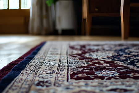 Ultra-detailed handmade Persian rug, intricate floral motifs in deep reds and blues, tightly knotted wool.の素材