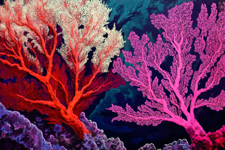 Ultra-detailed coral reef texture, intricate branching structures in vibrant red, pink, and purple hues.の素材