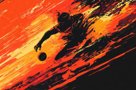 A fiery combination of neon orange, red, and black with bold brush strokes and sharp, intense gradients. High-energy, perfect for sports or action-packed visual designs.の素材