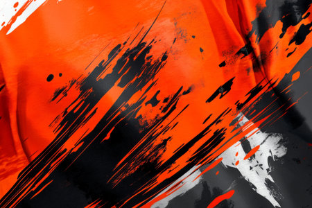 A fiery combination of neon orange, red, and black with bold brush strokes and sharp, intense gradients. High-energy, perfect for sports or action-packed visual designs.の素材