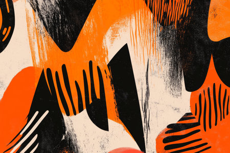 A high-contrast orange and black abstract background with geometric shapes, brush strokes, and a bold dynamic pattern. An energetic and modern composition.の素材