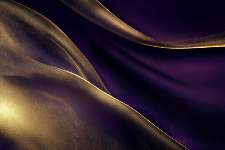 A rich, deep purple and gold abstract background with luxurious textures, metallic accents, and smooth gradients. Elegant, sophisticated, and ideal for high-end branding.の素材