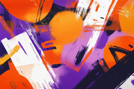 A modern orange and purple abstract background with geometric shapes, bold brush strokes, and vibrant colors. A fun, energetic, and youthful composition perfect for creative projects.の素材
