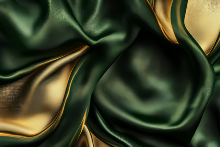 A rich green and gold abstract background with swirling textures, metallic gradients, and an elegant, luxurious feel. Perfect for high-end fashion or premium branding.の素材