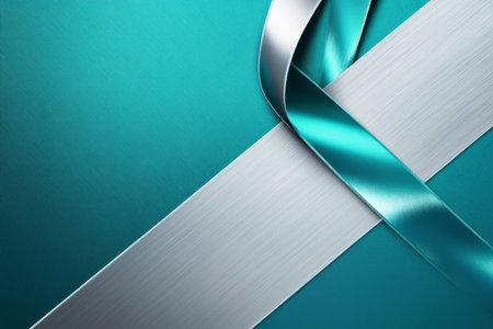 A sleek silver and teal abstract background with metallic textures, smooth transitions, and sharp geometric lines. Modern and professional, perfect for corporate or high-tech branding.の素材