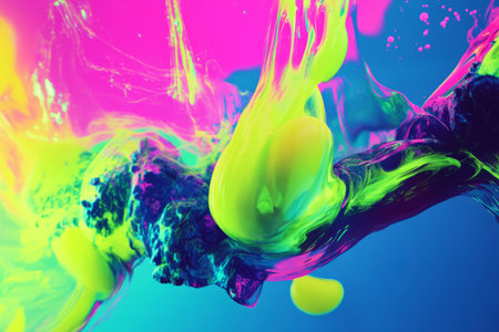 A vibrant combination of lime green, pink, and bright blue with glowing patterns and fluid shapes. A playful, energetic design perfect for fun branding or creative visuals.の素材