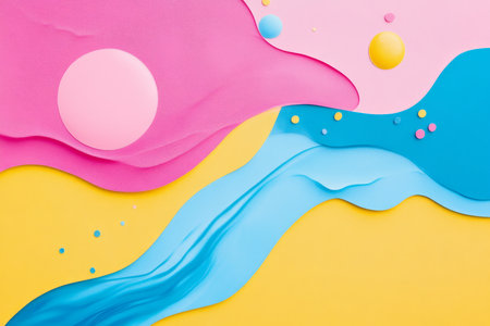 A vibrant pink, blue, and yellow abstract background with smooth fluid textures and a fun, artistic aesthetic. A playful and creative composition.の素材
