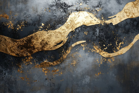 Abstract design with shimmering gold accents set against metallic silver, creating a rich, glowing texture with high-end material qualities.の素材