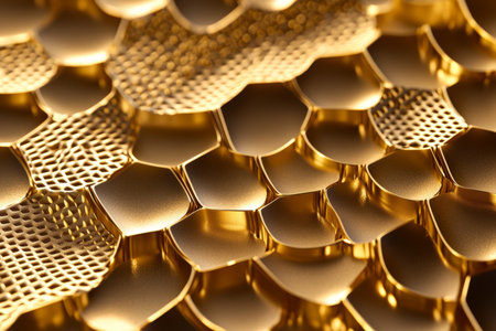 Abstract golden hexagonal honeycomb pattern, with a reflective metallic surface on a deep black background.の素材