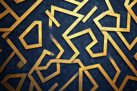 Abstract geometric pattern of gold lines forming intricate maze-like structures on a dark blue background, evoking a futuristic aesthetic.の素材