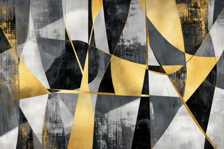 Abstract design with hand-drawn geometric shapes, blending shades of gray, gold, and black in an intricate and emotionally resonant pattern.の素材