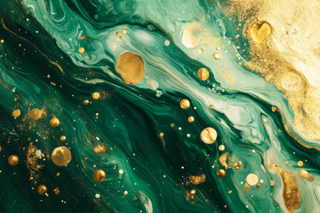 Abstract organic texture with bubbles in shades of gold and green, floating and interacting to create a dynamic and natural atmosphere.の素材